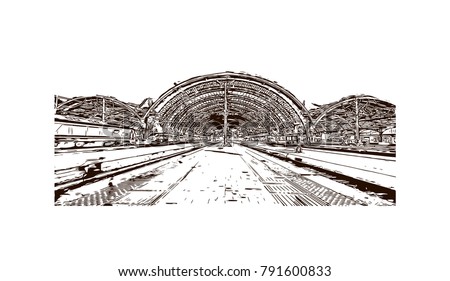The Central Train Station Milan City in Italy. Hand drawn sketch illustration in vector.