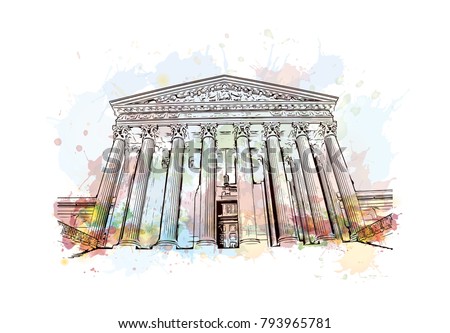 Archives of the United States Building in Washington DC. Watercolor splash with sketch illustration in vector.