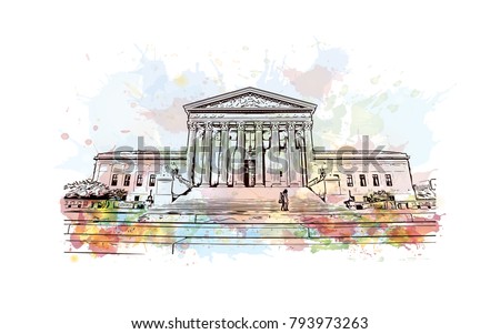 Supreme Court building in the United States of America is located in Washington, D.C., USA. Watercolor splash with sketch illustration in vector.
