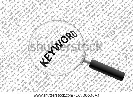 Magnifying glass zoom to KEYWORD, For SEO search engine optimization, word cloud with seo meaning to get traffic from google by find best keyword research to SERP search engine results pages.
