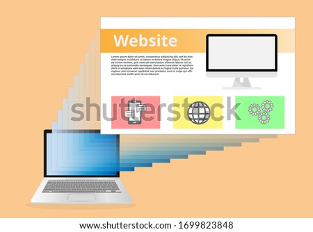 Website jump out from Laptop, website with Mobile and message, Internet, www, world wide web, Gear working flat icon, Adaptive layout internet page or web interface on screen laptop.
