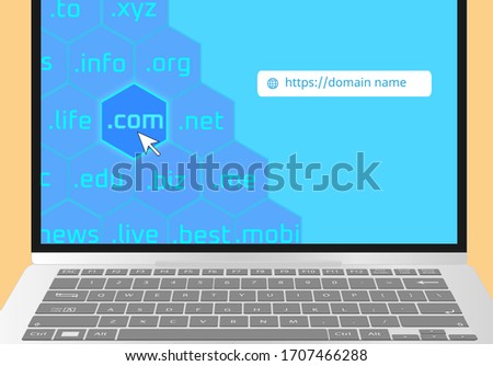 Domain extensions in laptop display - Domain name www Communication, Domain name registration,Domain Global Communication Homepage, Get best domain Url website to grow your business power. 