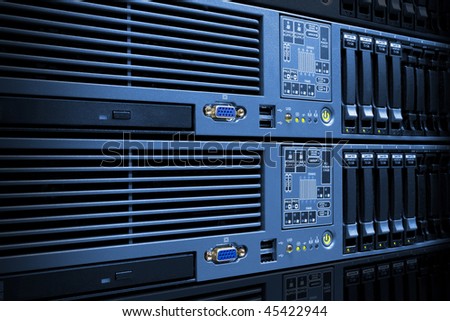 Servers rack with hard drives in a data center computer room