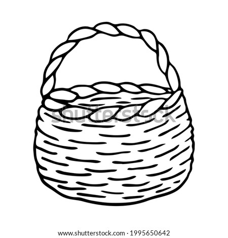 Wicker basket vector hand-drawn illustration. Doodle Garden tools, outline