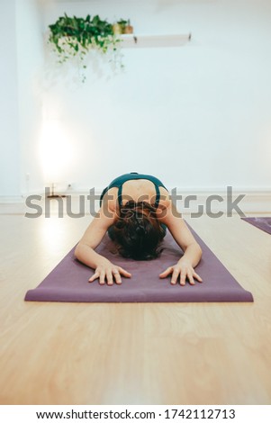 Similar – Image, Stock Photo Yoga girls doing Anahatasana pose. Cenital Plane