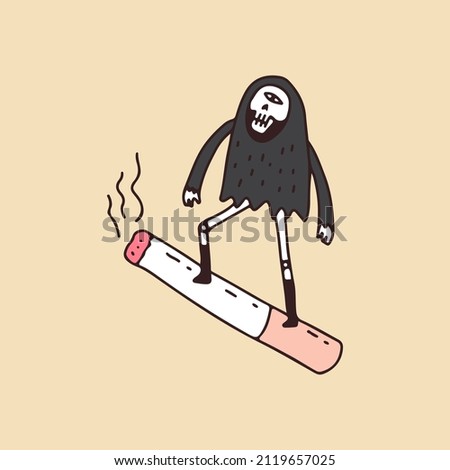 Grim Reaper Skull with one eye and riding cigarette, illustration for t-shirt, sticker, or apparel merchandise. With retro cartoon style.