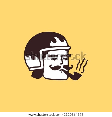 Mustache man wearing helmet and smoking pipe, illustration for t-shirt, sticker, or apparel merchandise. With retro cartoon style.