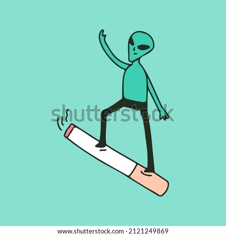 Cool alien riding a cigarette, illustration for t-shirt, sticker, or apparel merchandise. With retro cartoon style.