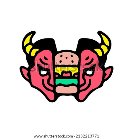 Two half of red devil head with cheeseburger inside. Illustration for street wear, t shirt, poster, logo, sticker, or apparel merchandise. Retro and pop art style.