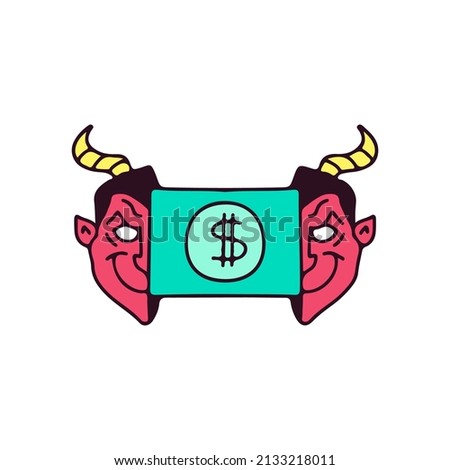 Cool Two half of red devil head with dollar inside, illustration for t-shirt, street wear, sticker, or apparel merchandise. With doodle, retro, and cartoon style.