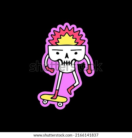 Trendy explode skull head riding skateboard, illustration for t-shirt, sticker, or apparel merchandise. With doodle, retro, and cartoon style.