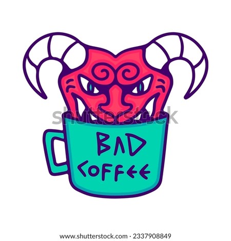 Red devil inside a cup of coffee, illustration for t-shirt, sticker, or apparel merchandise. With doodle, retro, and cartoon style.