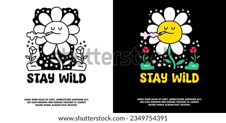 Groovy sunflower smoking cigarette with stay wild typography, illustration for logo, t-shirt, sticker, or apparel merchandise. With doodle, retro, groovy, and cartoon style.