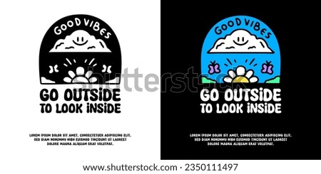 Funny cloud character with go outside to look inside typography, illustration for logo, t-shirt, sticker, or apparel merchandise. With doodle, retro, groovy, and cartoon style.