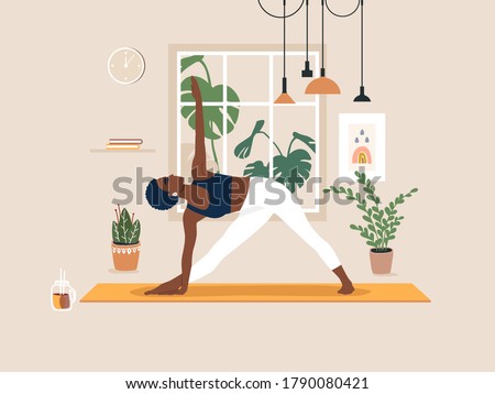 Young african american woman doing yoga exercises, practicing meditation and stretching on the mat. Black female character practicing in yoga studio or home. Trendy flat vector illustration.