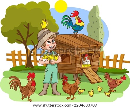 vector illustration of boy loving chicks.cute boy looking after chickens and chicks in the coop