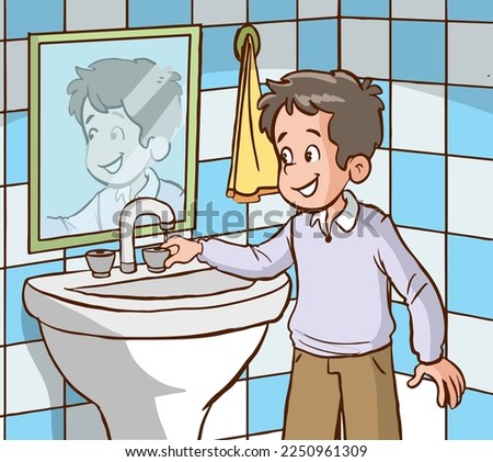 boy turning off the tap in the bathroom cartoon vector