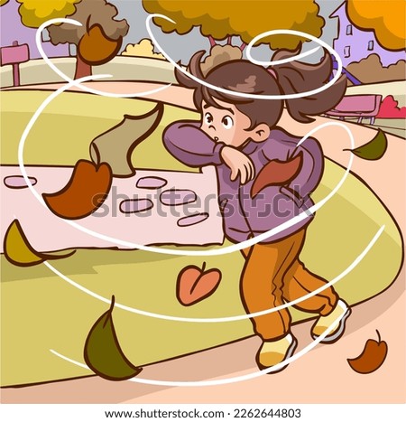 Girl kid struggle walking against wind near bending tree with yellow leaves windy autumn day. Flat vector person character illustration