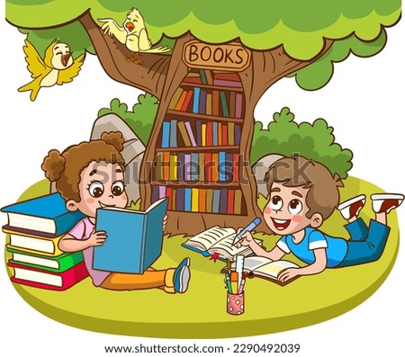 Children Reading Book At Nature cartoon vector
