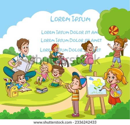Children in park,summer camp.Babysitter,teacher,Mum reading book to children. Girl drawing the watercolor.Group children playing, spending time in games, having fun, fooling around.