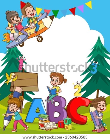 Border template design with kids reading books in the park illustration vector.