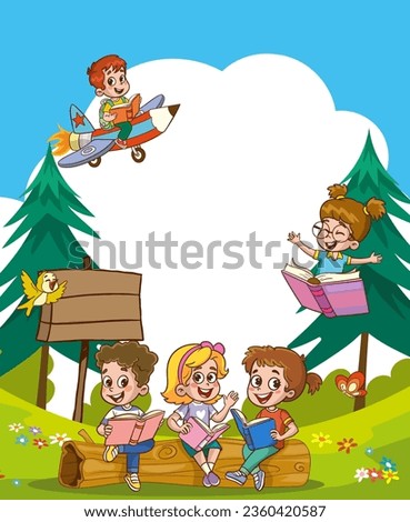 Border template design with kids reading books in the park illustration vector.