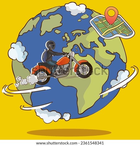 Motorcycle on the background of the world map. Vector illustration.vector of people traveling around the world on a motorcycle