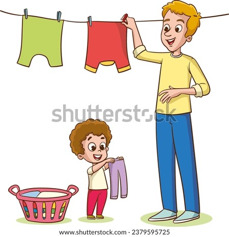 Family wash clothes, domestic household chores vector illustration. Cartoon young father character holding cloth, girl daughter helping dad hanging and drying washed clothes in backyard background