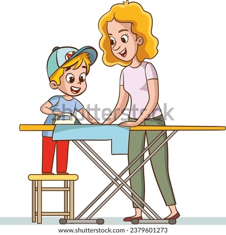 vector illustration of little kid helping mother ironing clean clothes.Mother and son ironing clothes on ironing board. Vector illustration