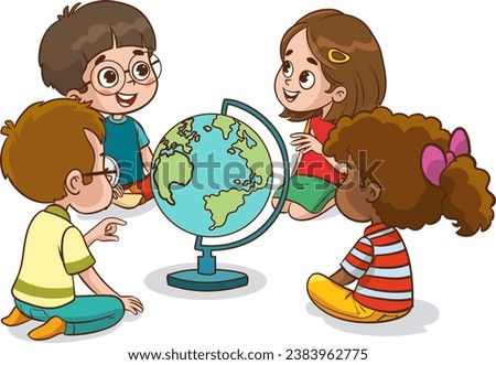 Vector illustration of Kids looking at a globe in a school classroom.