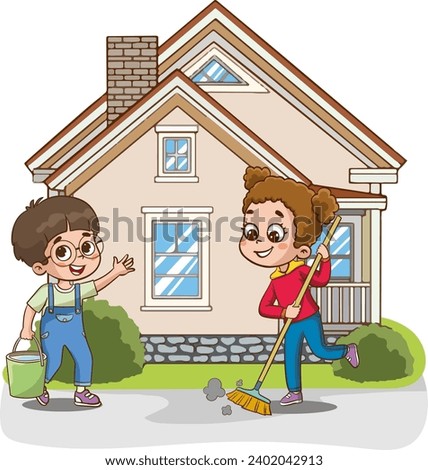 Vector illustration of Boy and girl cleaning the front of their house. 