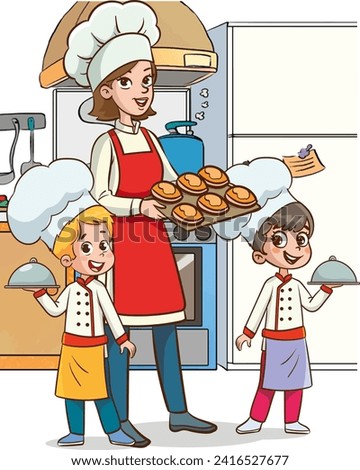 Mother and kids cooking in the kitchen. Vector illustration of a cartoon style.