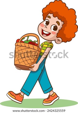 Vector illustration of boy carrying a big basket full of fresh apples
