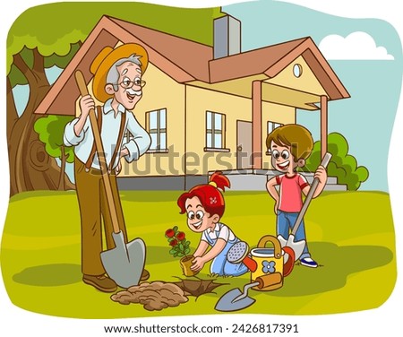 Grandfather and his grandchildren are planting trees in the park. Vector Flat style illustration