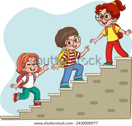 Cute children climb the stairs of success by working as a teamwork partnership