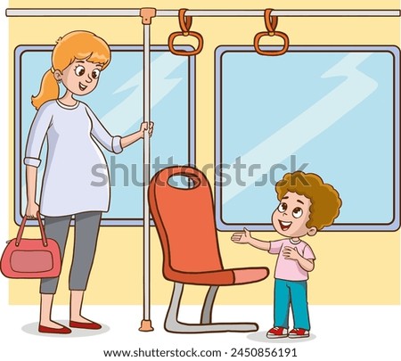 Vector illustration of little boy giving way to pregnant woman in public transport