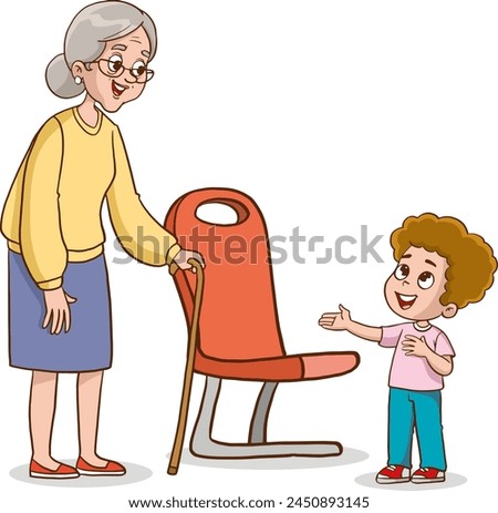 The child gives way to the grandmother on public transport. Manifestation of goodness. Good deeds. Vector illustration