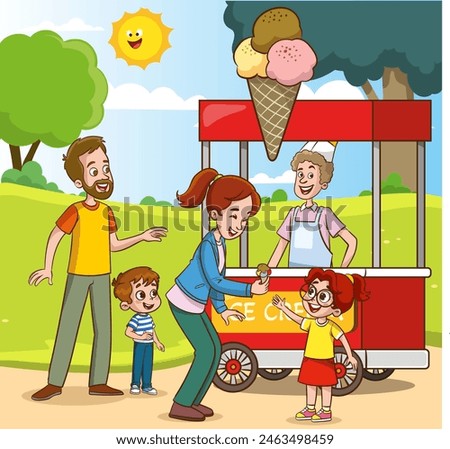 Mom and son bought different ice cream in van. Little boy eating popsicle. Man selling takeaway sweets in food truck. Child holding big gelato in waffle cone. Small business. Flat vector illustration