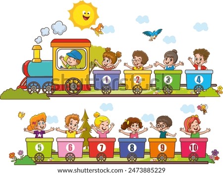 Vector illustration cartoon of happy preschool kids with the train numbers. Card for learning numbers.