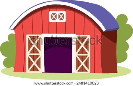 Farm red building. Farming and agriculture. Rural village and scene. Barn or home in sunny day. Sticker for social networks. Cartoon flat vector illustration isolated on white background