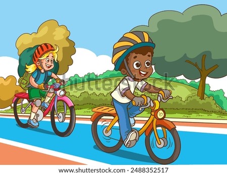 little kid boy and girl ride a bicycle in the park.