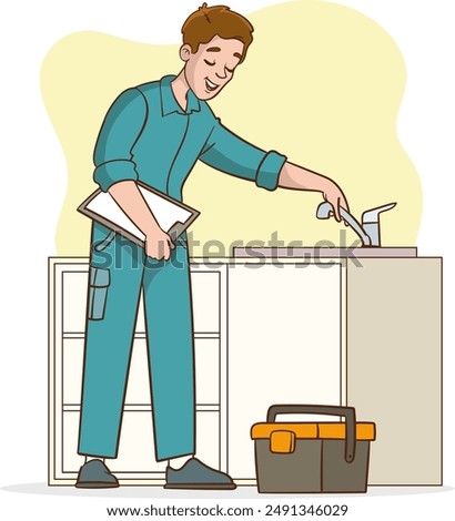 Plumber Work Concept. Repairman Character in Blue Overalls Fixing Broken Sink in Home Kitchen. Cartoon Vector Illustration