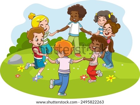 Group of cute happy little children, boys and girls, holding hands and dancing in circle, having fun playing together with smile on their faces.