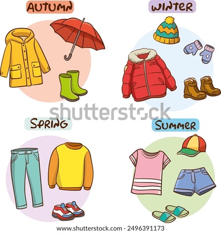 Spring, summer, autumn, winter season clothes set. Collection for clothing outfit stickers. Flat style. Vector illustration