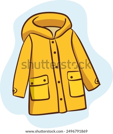 Cartoon Yellow Raincoat. Autumn waterproof coat. Fall and Spring season Clothing for cold rainy weather. Rain protection accessory. Hand drawn doodle style object, vector design element isolated