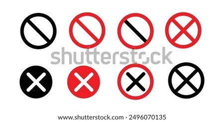 red and black forbidden thin circle cross flat icon. No sign. Restrict entry ban prohibition vector symbol. avoid risk x symbol. A set of icons with a 