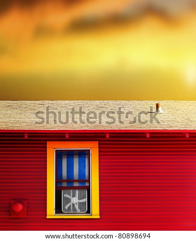 Colorful home exterior with vibrant sky featuring a little window with window fan
