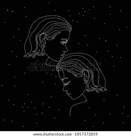 Gemini zodiac sign white symbol on black background with stars. Abstract head of astrological sign gemini