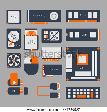 
Icon pack from computer hardware such as processor, graphic, hard drive, fan, motherboard, and its accessories.