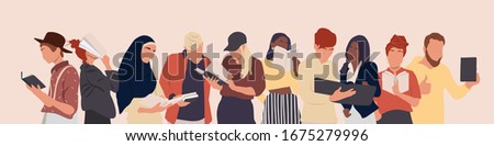 Group of multicultural people holding books. Young boy and young girls character. Happy teenager in casual clothes. Youth lifestyle. Quarantine activities. Vector illustration in a flat style.